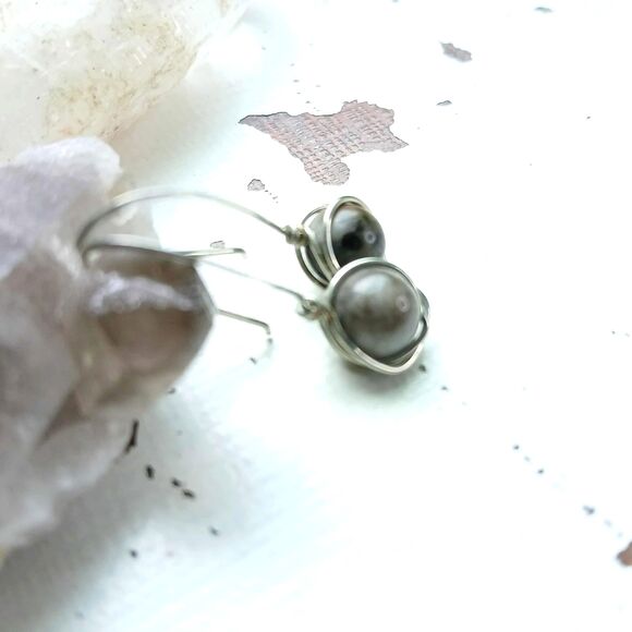 Hammered Wire Wrapped Amazonite Gemstone Dangle Earrings, 1.5" - Picture 2 of 4